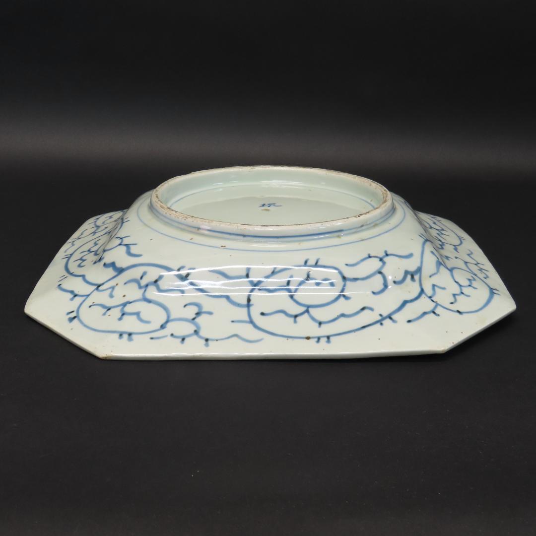 ⭕408 古伊万里 染付 牡丹花文 四方隅切額皿 無傷 30cm 江戸後期