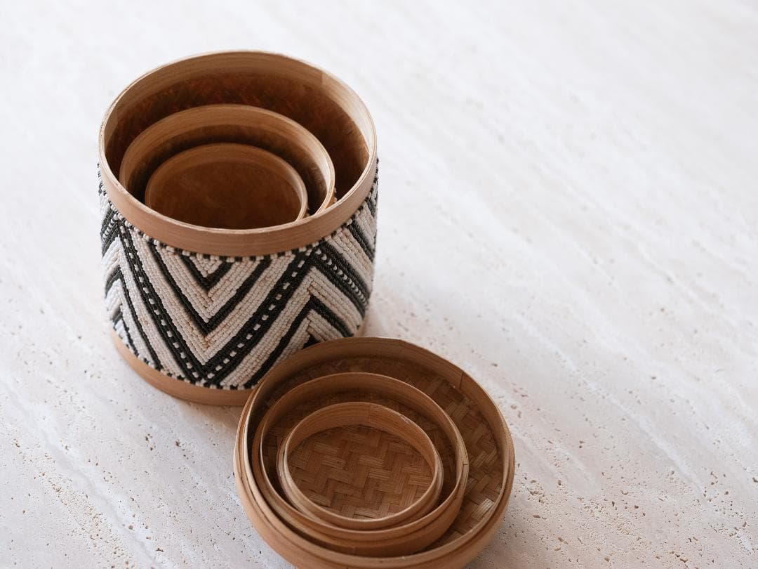 バリ島買付 雑貨 ビーズ装飾 蓋付き小物入れ 3個セット