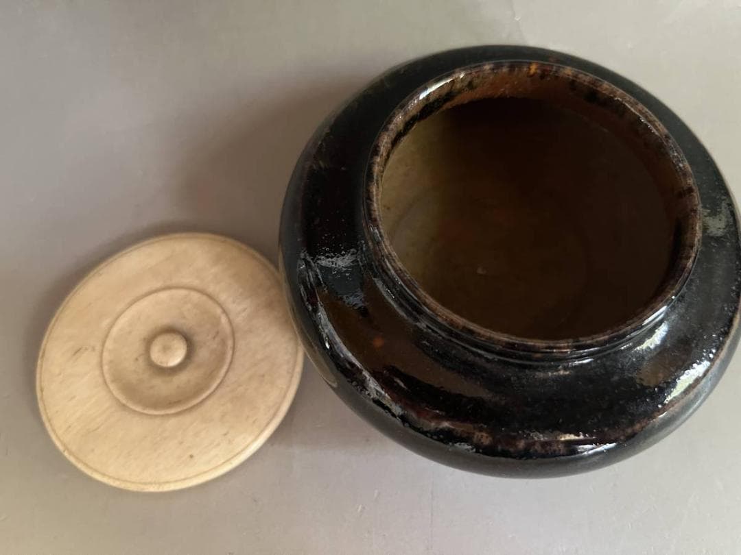 茶入れ■古い大海茶入 黒釉 江戸期 糸切り高台 茶壷 お茶道具 古美術 骨董品■