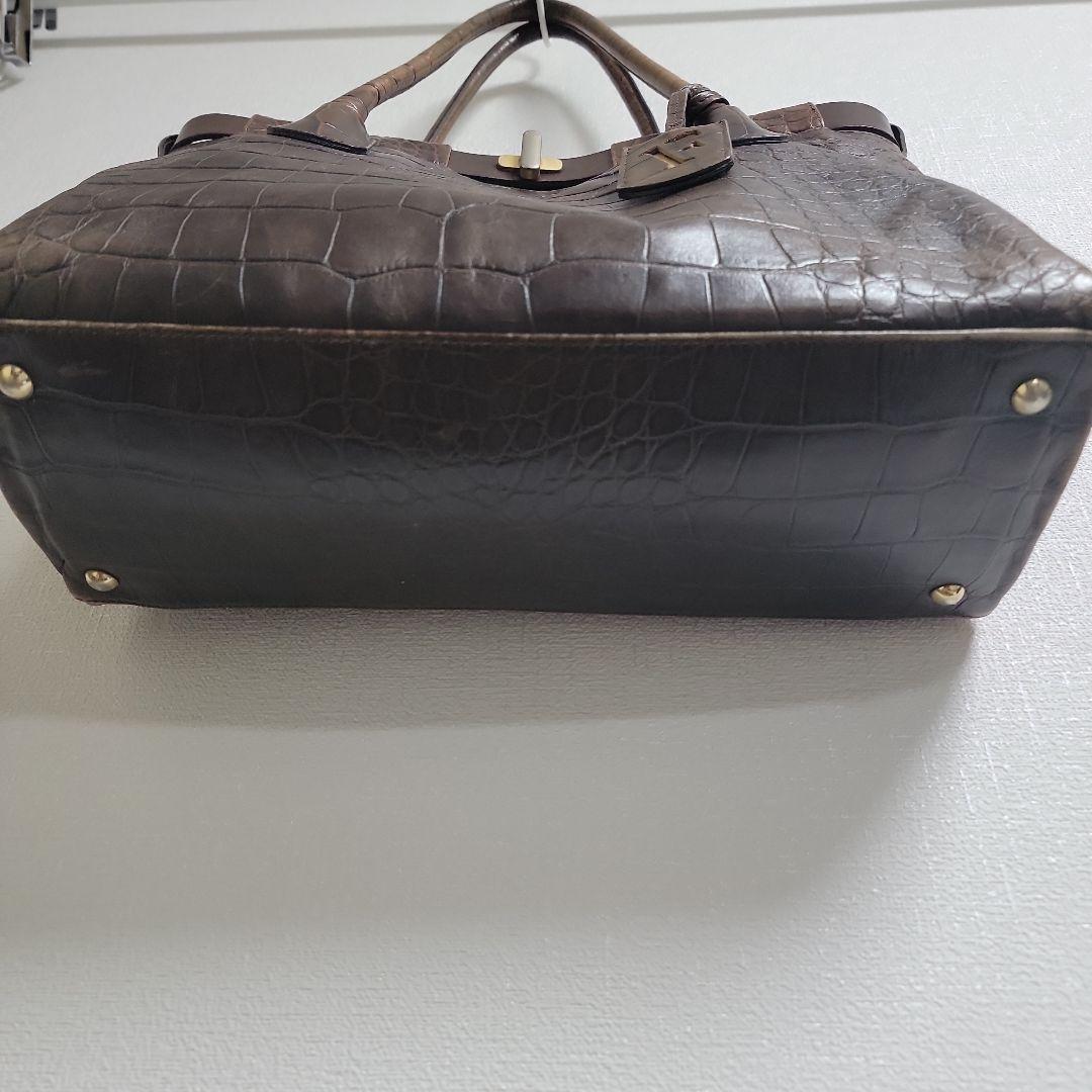 FURLA クロコダイル 型押し レザートートバッグ Fロゴ ブラウン 本革