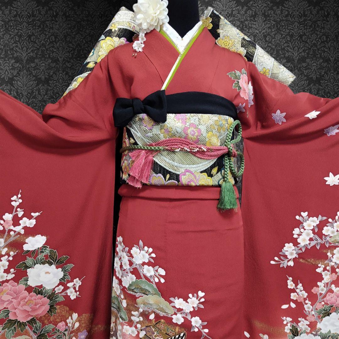 振袖フルセット(6点)・成人式・古典柄・金彩加工・金駒刺繍・胴裏正絹