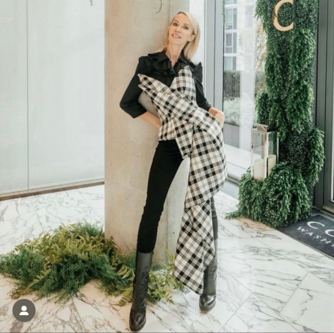 【MONSE】白×黒タータンチェック アシンメトリー ヘム ドレープ ビスチェ