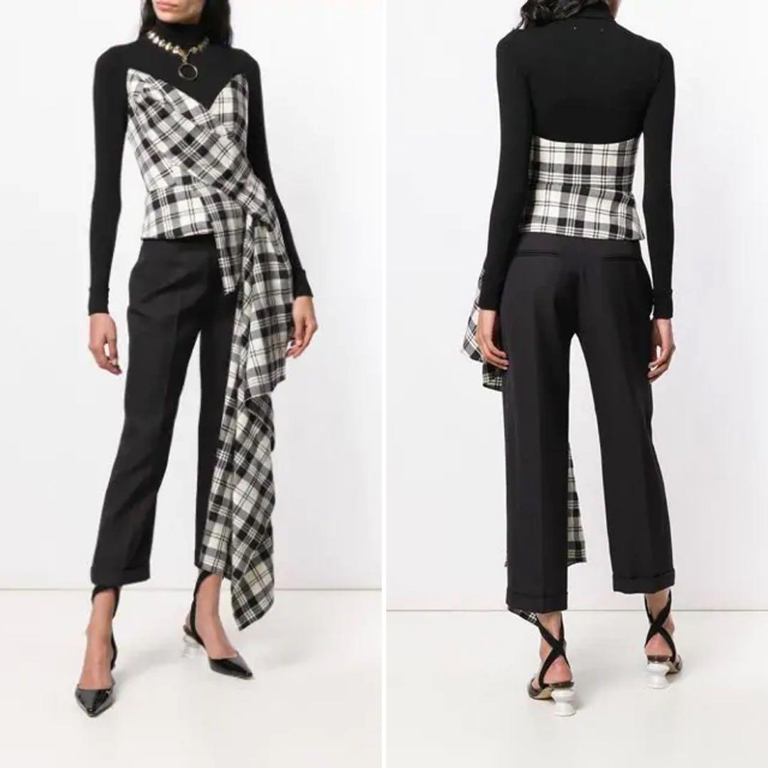 【MONSE】白×黒タータンチェック アシンメトリー ヘム ドレープ ビスチェ