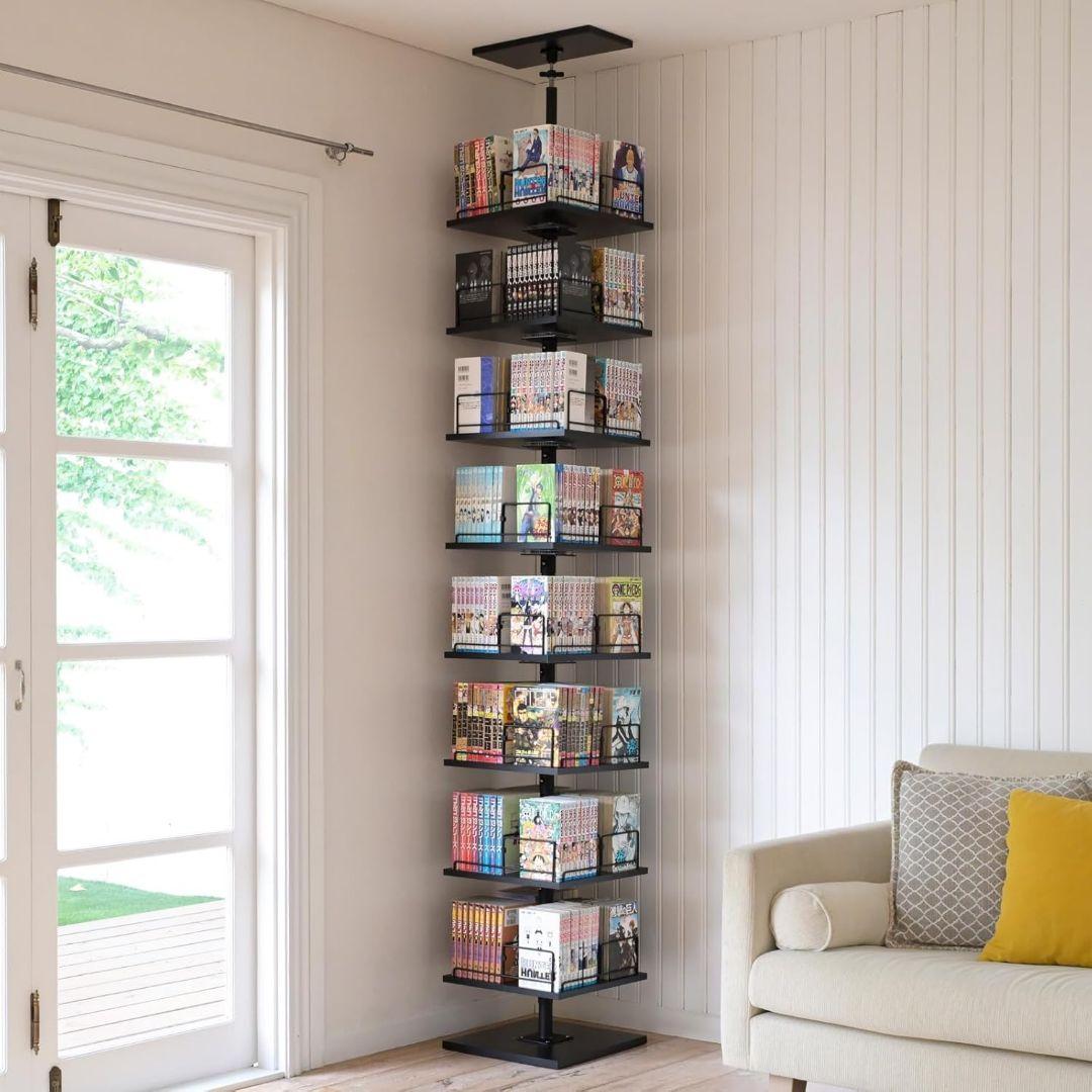 本棚 突っ張り 回転式本棚 つっぱり棚 回転 大容量 全体耐荷重120kg