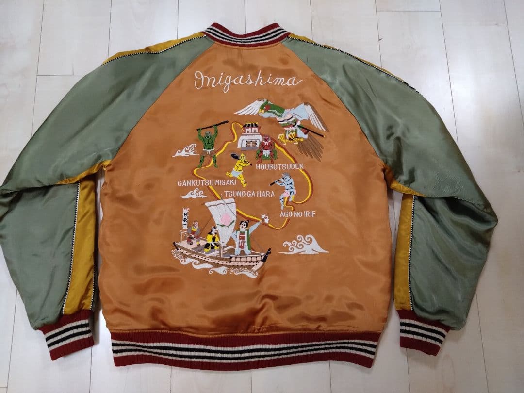 フェローズ匠 スカジャン【鬼ヶ島】サテン（オレンジ/グラス/ゴールド）中綿入り