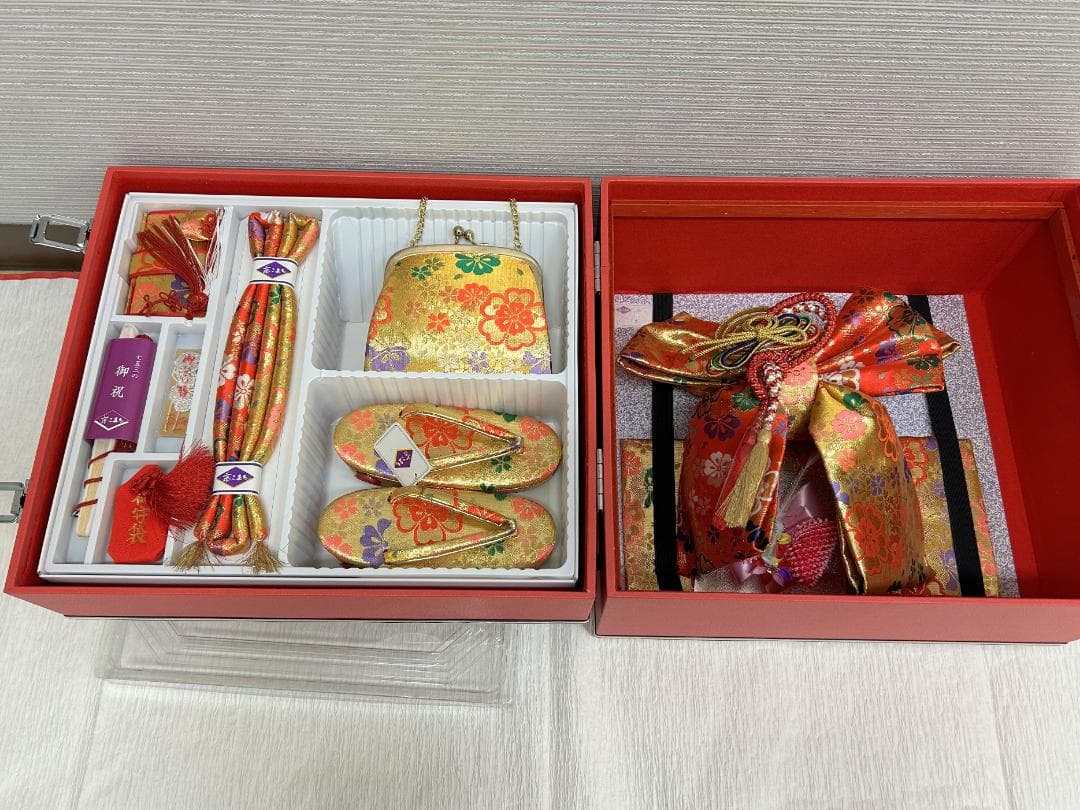 七五三セット　祝帯ペアセット　花びら　中サイズ　草履18cm　箱入り　未使用