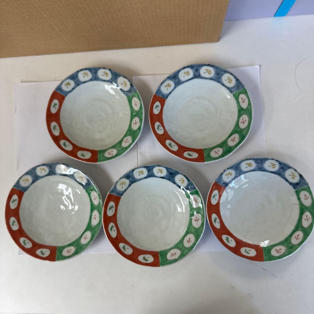 【新品未使用】波佐見焼(有田)錦三色花鳥 5寸皿 5客揃（藍水窯）