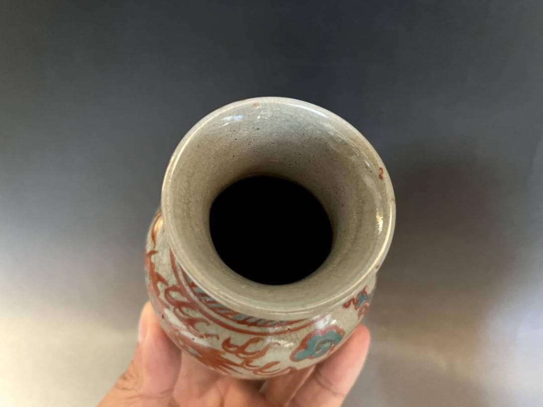 花瓶■古い赤絵龍文口広瓶 花器 花生け 置物 古玩 唐物 中国 時代物 骨董品■