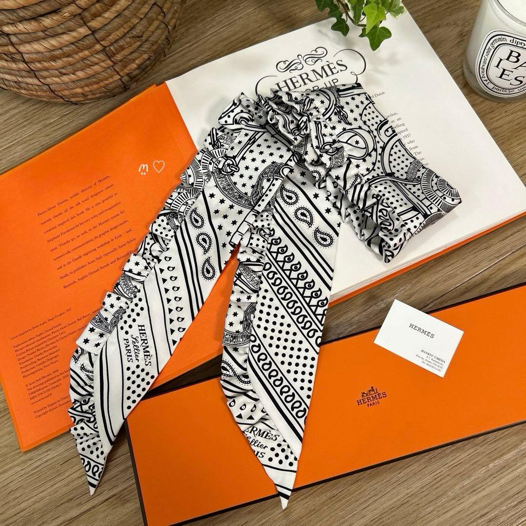HERMESエルメス　ツイリー　エプロンドールバンダナフリル　シルクスカーフ白黒