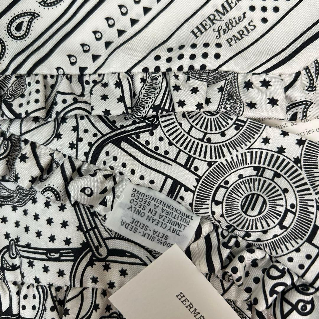 HERMESエルメス　ツイリー　エプロンドールバンダナフリル　シルクスカーフ白黒