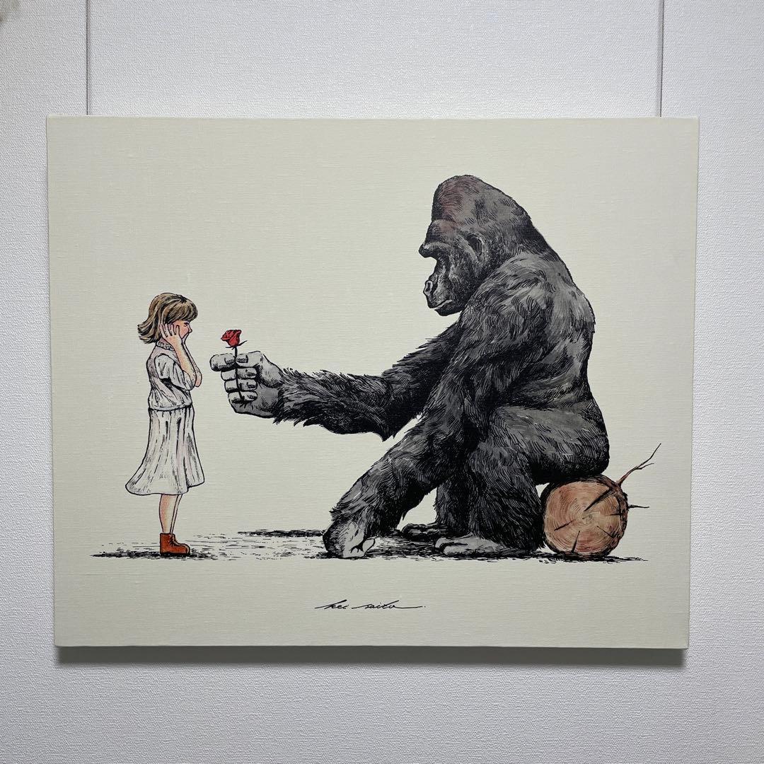 絵画　キャンバスプリント　ゴリラ　女の子　花