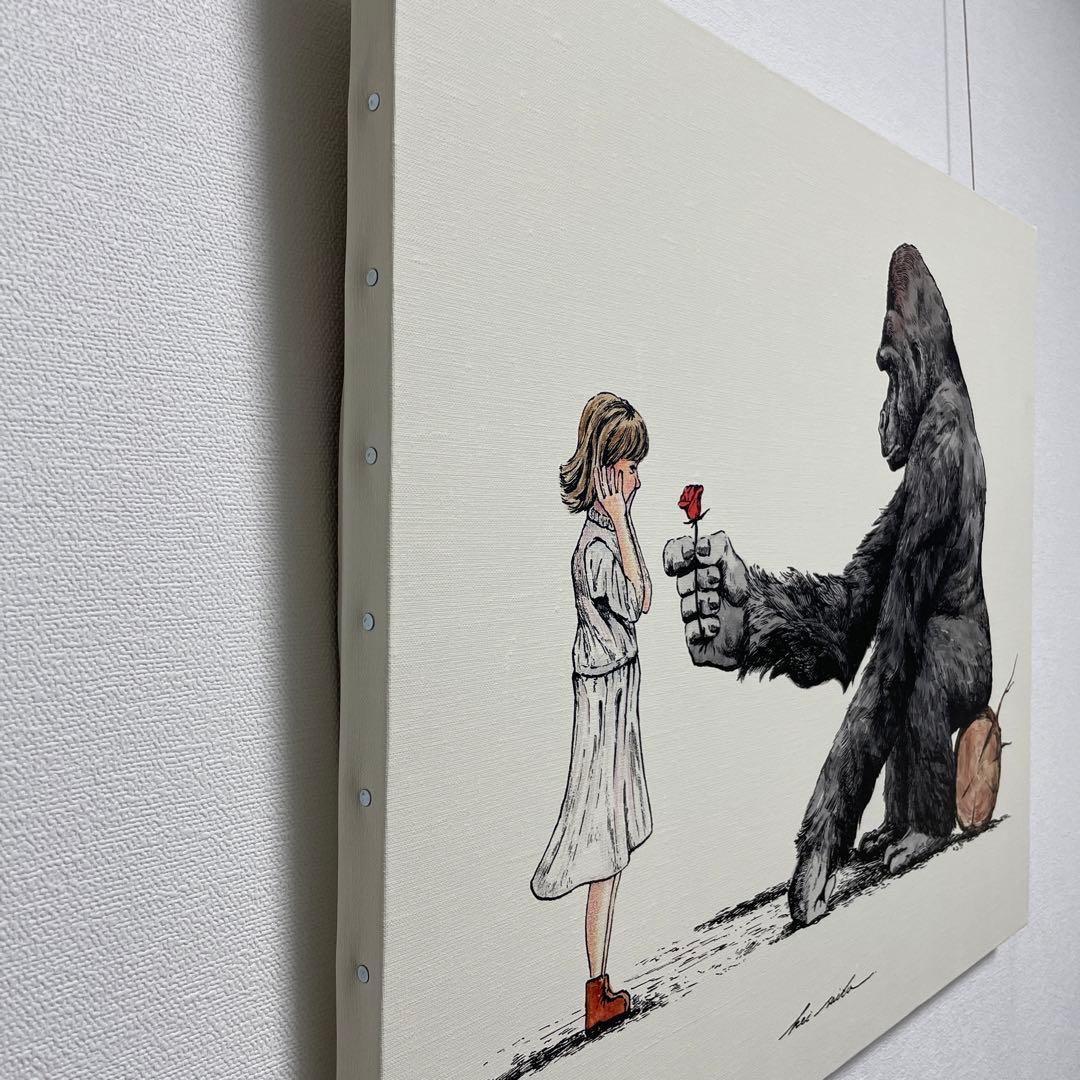 絵画　キャンバスプリント　ゴリラ　女の子　花
