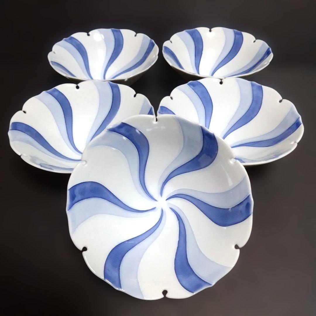 新品 波佐見焼 光琳窯 雪輪型内流水小鉢5個　銘々皿　煮物碗