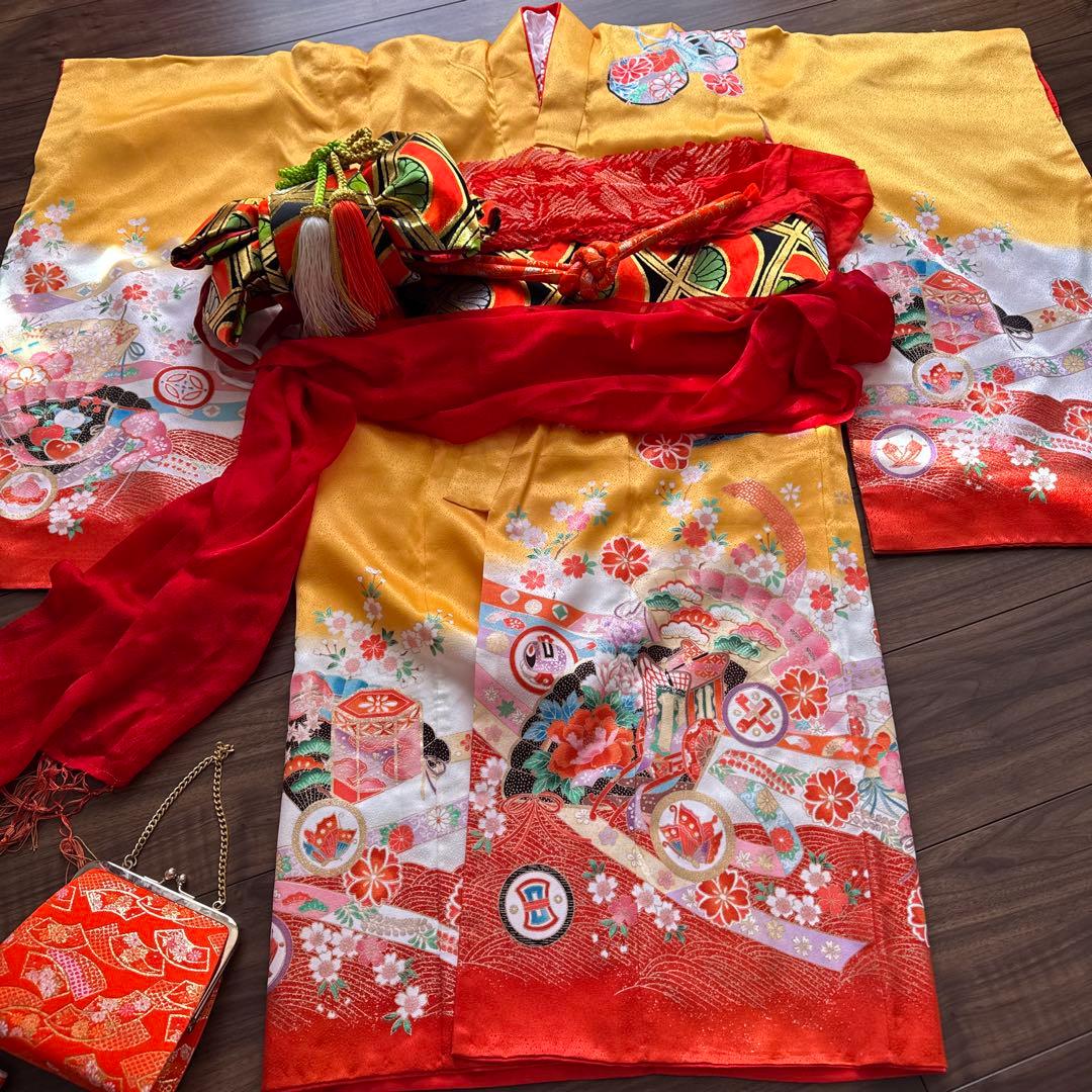 七五三　七歳　フルセット　山吹色　アンティーク