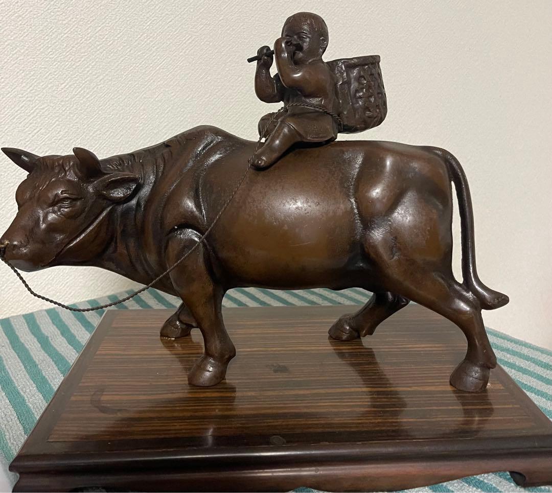 置物/ 鉄器騎牛笛吹童子　騎牛帰家像　台付き