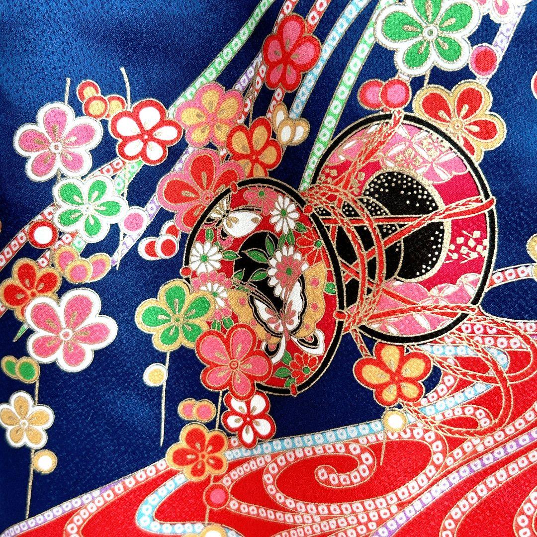 セット七五三7歳女の子長着＆袖なし長襦袢＆袋帯＆草履＆巾着＆小物紺金プリント鼓花