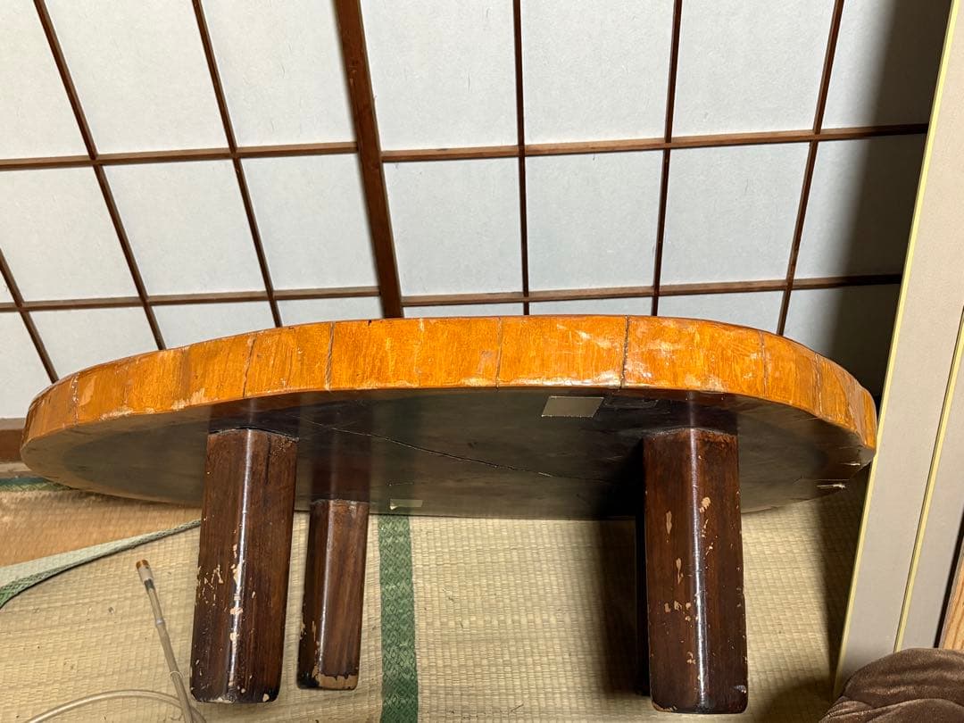 天然木 一枚板ローテーブル 四本脚付き｜約110×97cm 割れあり