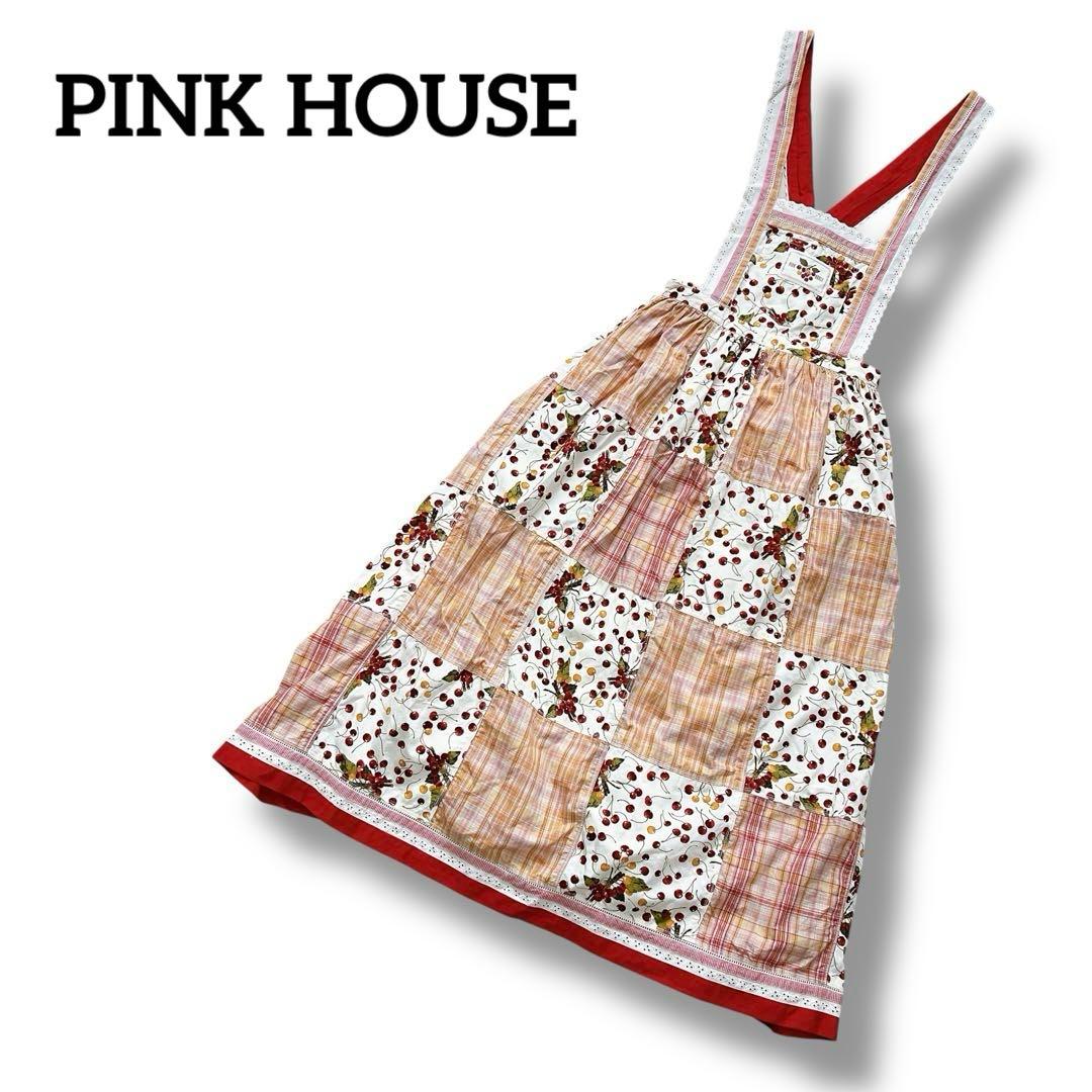 PINK HOUSE　チェリー柄　チェック柄　パッチワーク　エプロンスカート