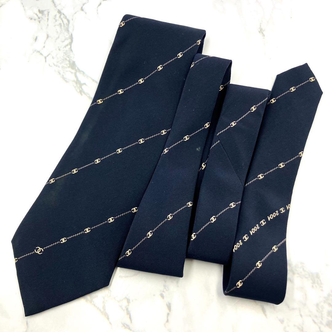 ◆美品◆CHANEL ネクタイ 紺色 ストライプ柄 ココマーク 希少
