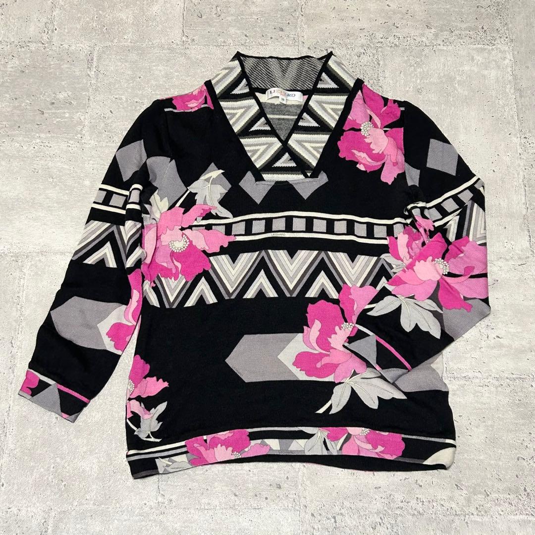 LEONARD SPORTS カットソー【38】花柄 vネック ウール 日本製