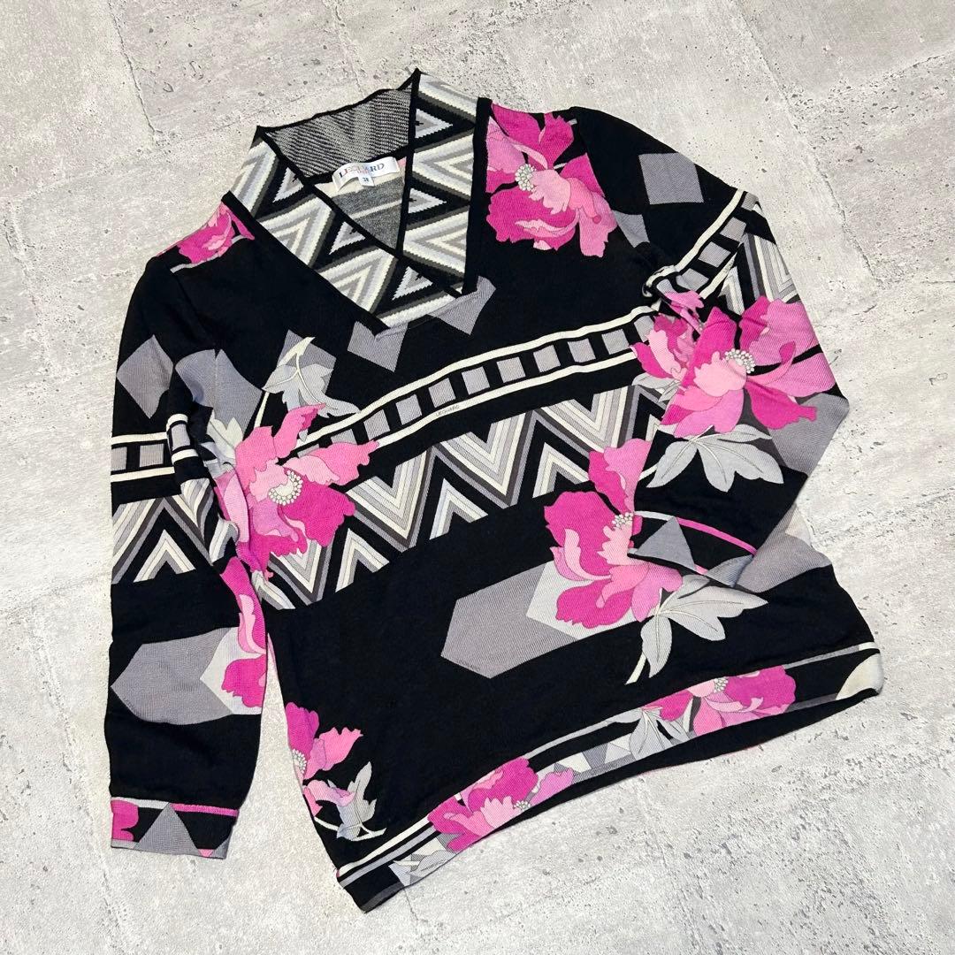 LEONARD SPORTS カットソー【38】花柄 vネック ウール 日本製