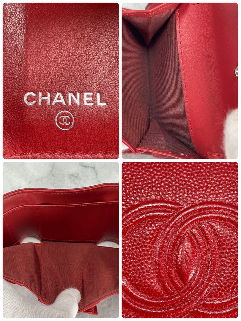 ギャラカード有✨ CHANEL キャビアスキン 三つ折り財布 赤