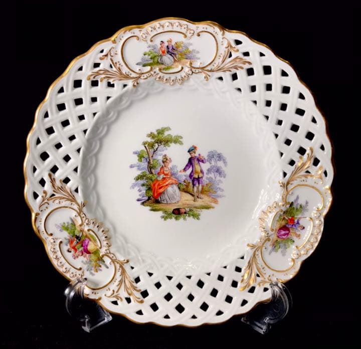 Meissen古マイセン/※美術館級 超レア1級品 ワトー上級4面絵付透かし皿C