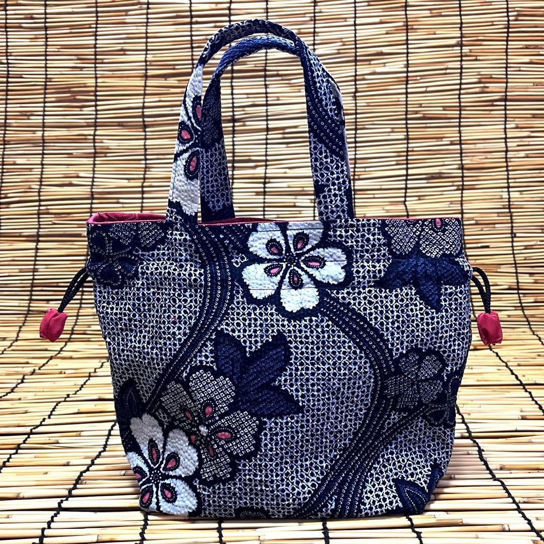 着物リメイク＊手作りおしゃれ日傘とお揃い巾着トート＊木綿 絞り花柄