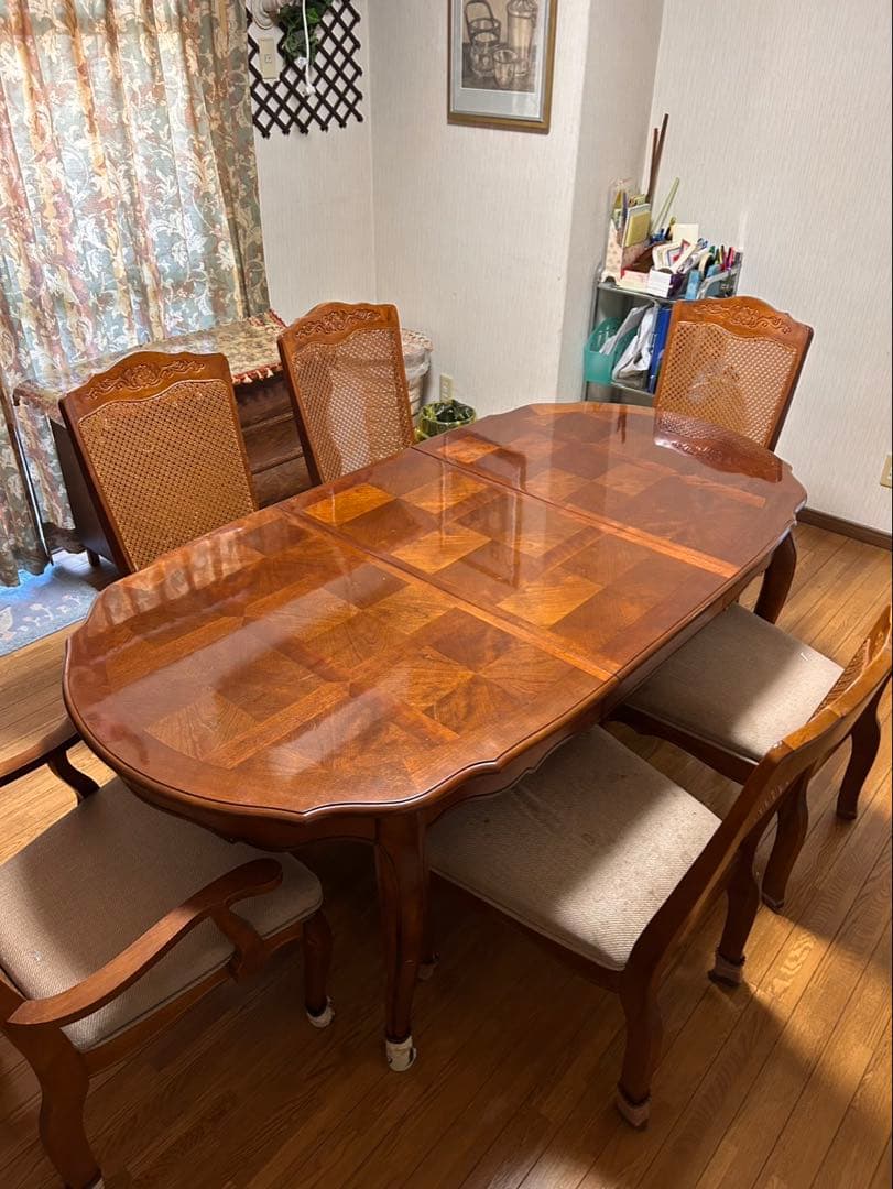 豪華なる楕円形木製⭐︎延長テーブルと椅子6脚セット