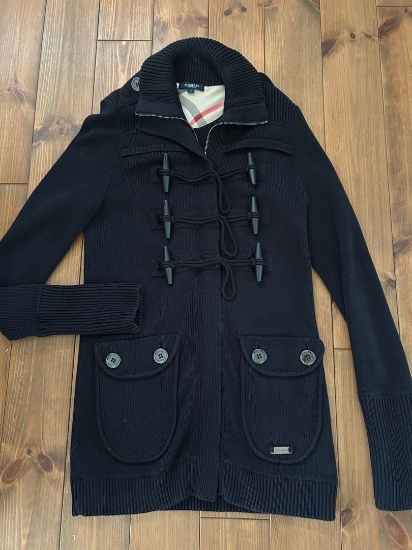 【美品】バーバリーロンドン　ダッフルニットコート　 ノバチェック　ネイビー　2