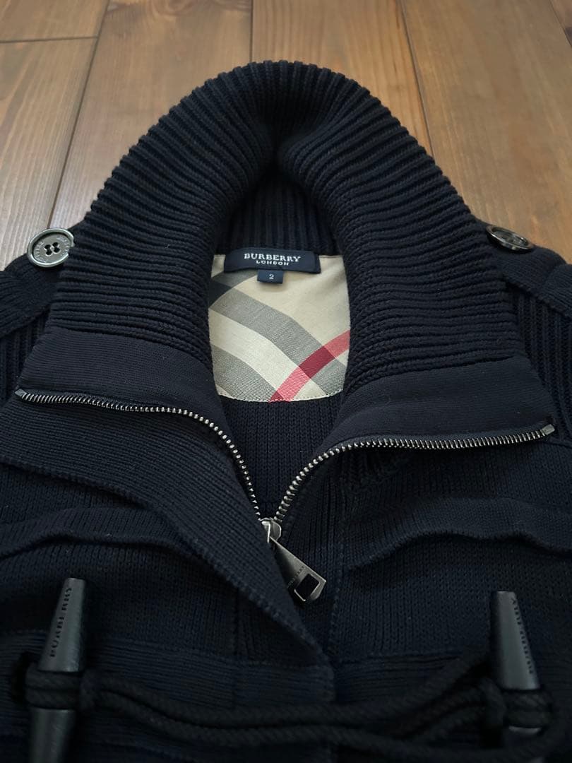 【美品】バーバリーロンドン　ダッフルニットコート　 ノバチェック　ネイビー　2