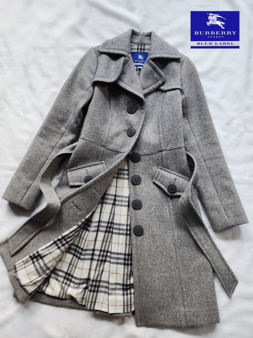 バーバリーブルーレーベル　裏地チェック　ウール　ロングコート