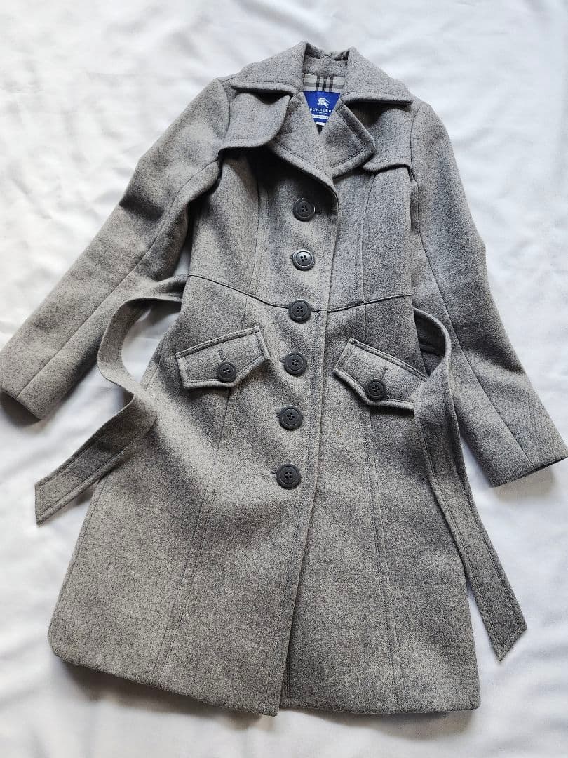 バーバリーブルーレーベル　裏地チェック　ウール　ロングコート