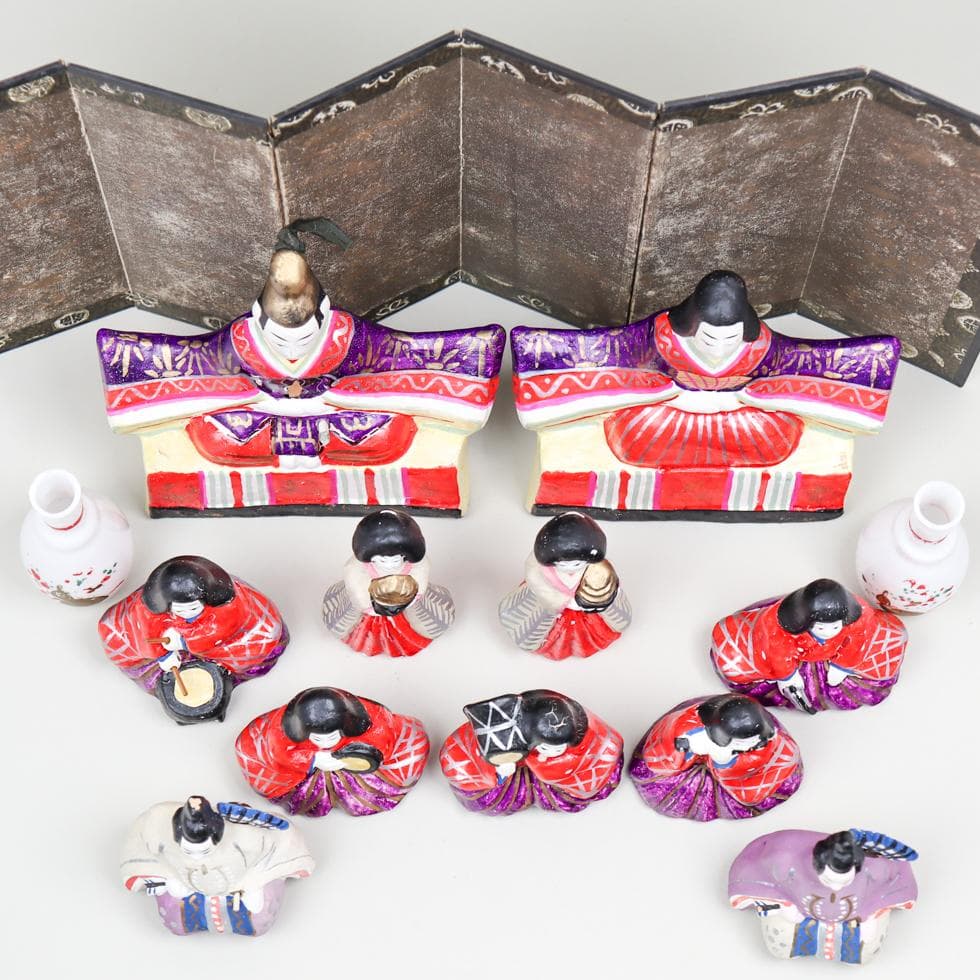 富山土人形 雛人形 11点 花瓶 屏風