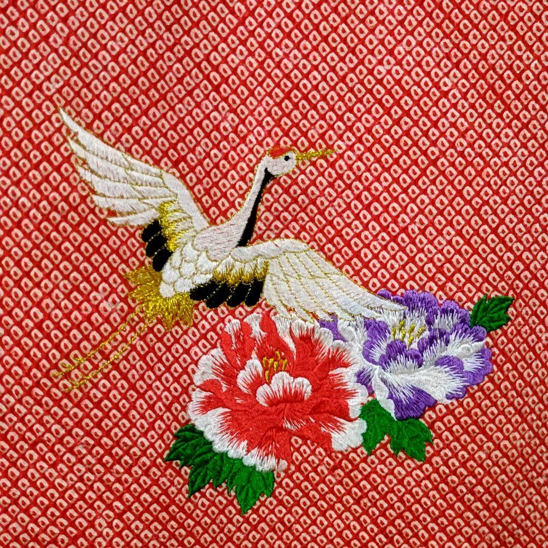 鹿の子総絞り 子供着物 七五三 3歳 女の子 鶴 牡丹 毬刺繍 産着 お宮参り
