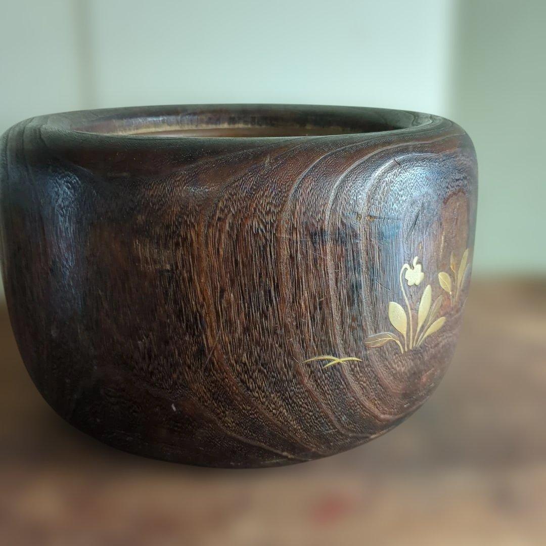 骨董　火鉢　蒔絵　螺鈿　大振り　内側銅器　花入　鉢カバー