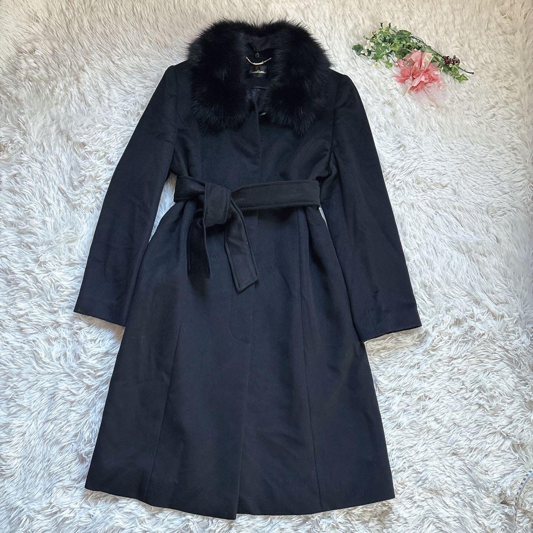 Emohariotカシミヤ100%フォックスファーロングコート黒ブラックりぼんM