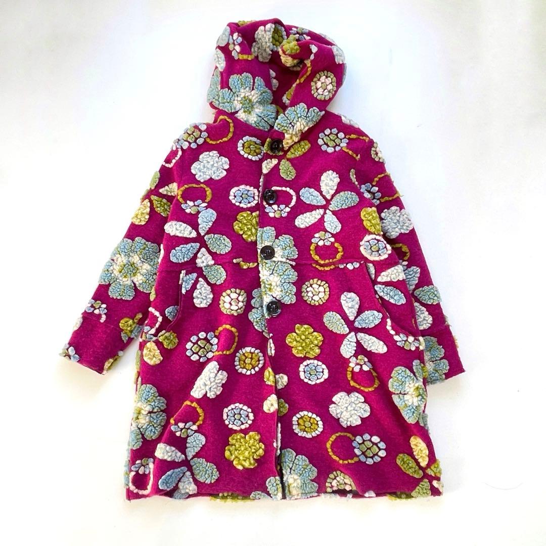 イタリア製　ウールコート　花柄　パープル　マルチカラー　フード付き