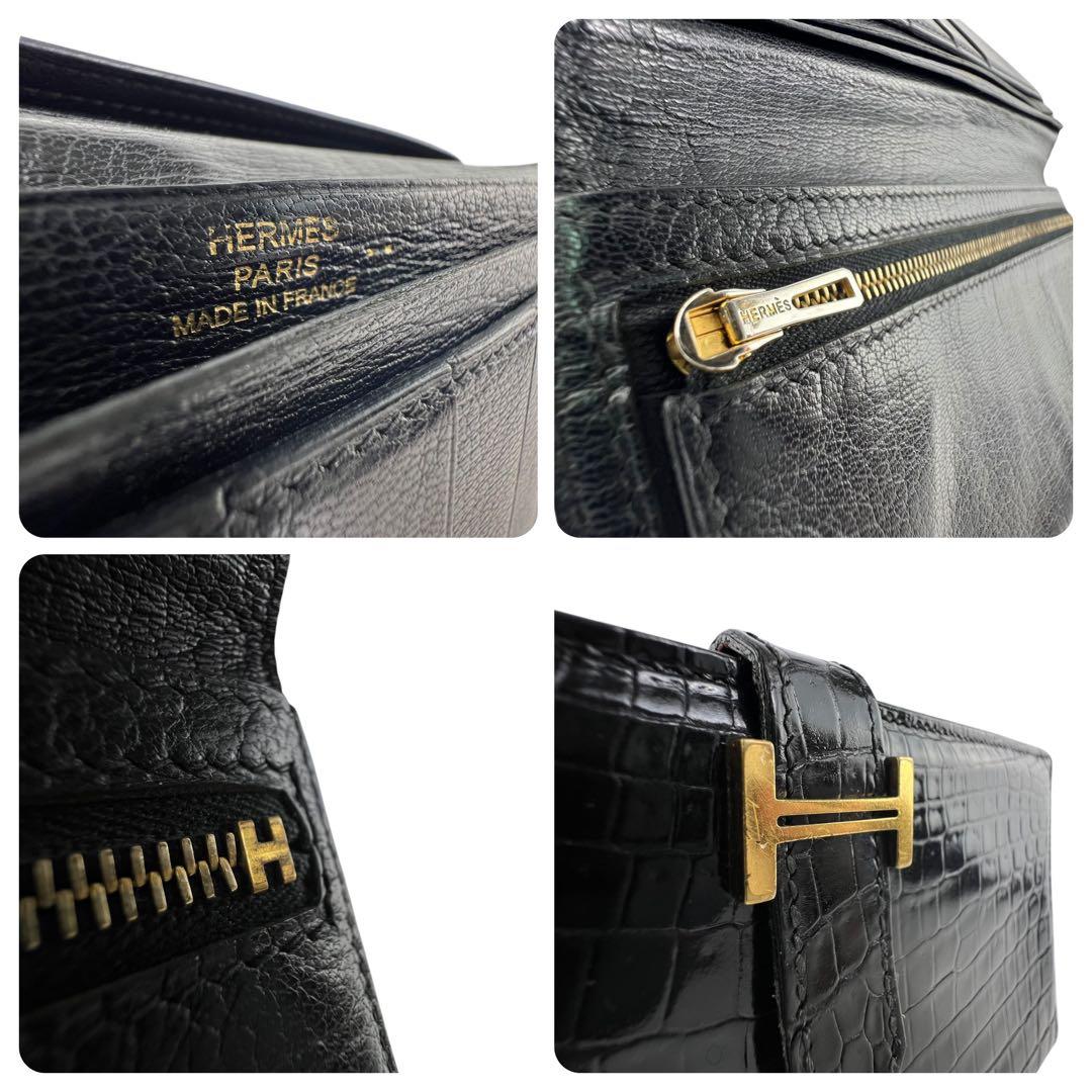 【美品】エルメス　クロコダイル　ベアン　長財布　黒　ブラック　レザー　お札