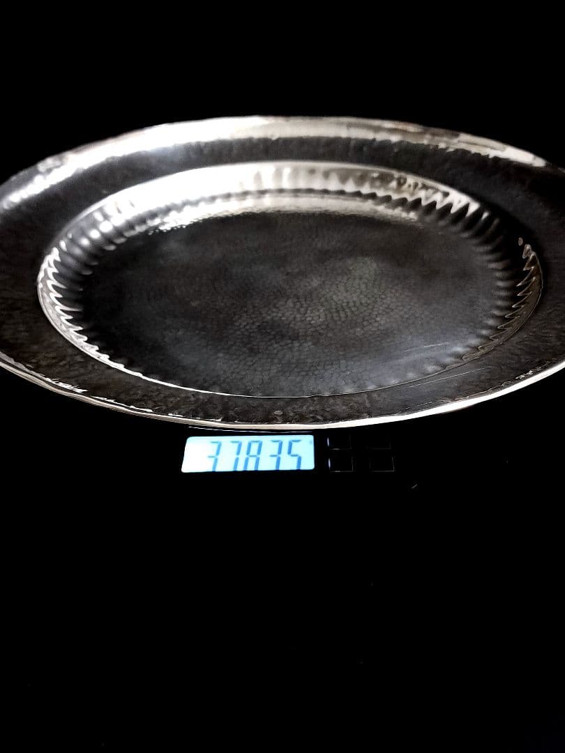 純銀　平安 美照 造 (加澤美照) 鎚目打　静海盆 打出 約378.35ｇ共箱