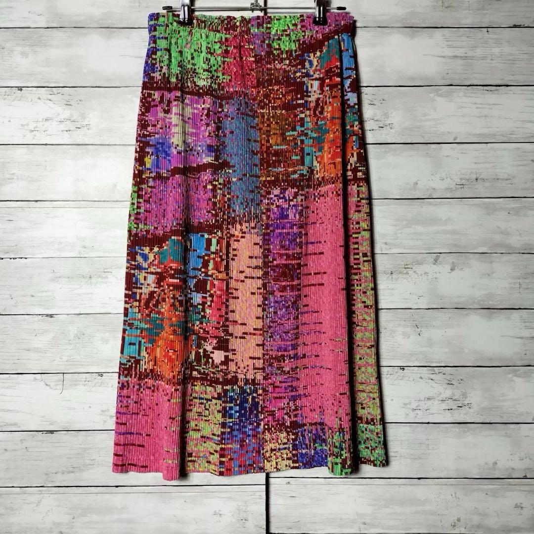 プリーツプリーズ イッセイミヤケ ひざ丈スカート 総柄 ピクセル モザイク