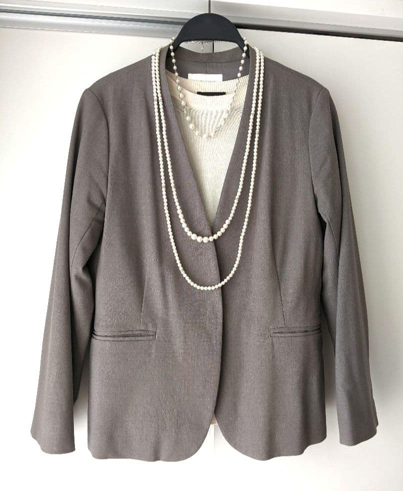 GLOBAL WORKノーカラー　パンツ　スーツ ウエストゴム　ブラウン系　XL