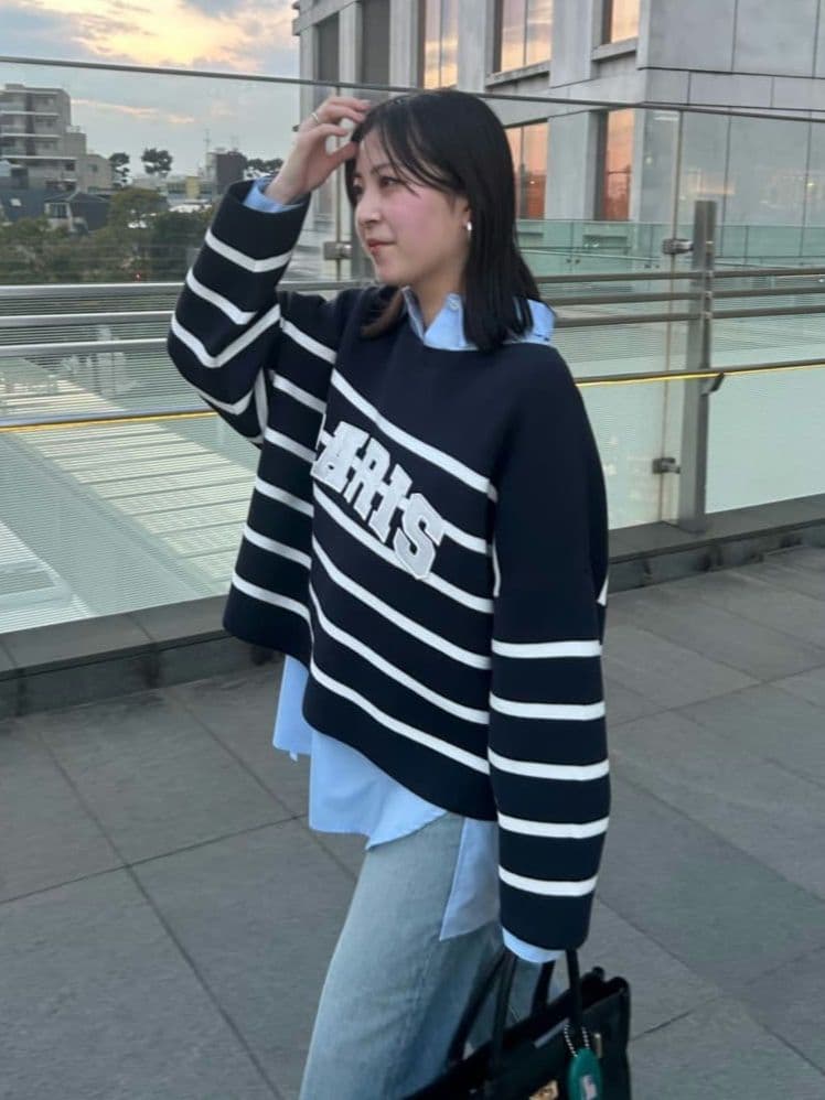 【LOUNGEDRESS】ボーダーロゴニット　ネイビー