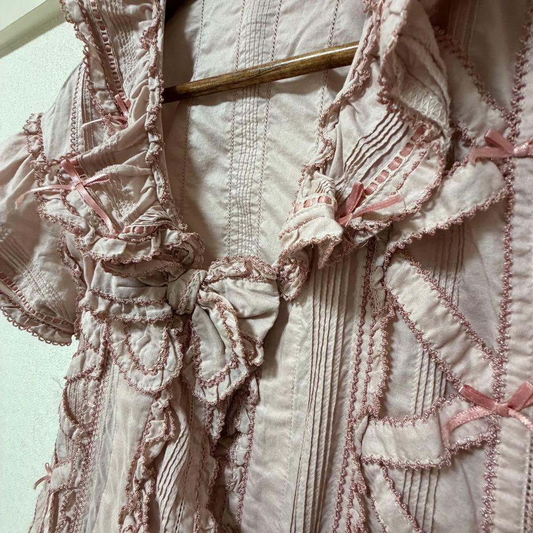 ピンクハウス　希少　日本製　ローン　オーバーブラウス　サテンリボンいっぱいP66