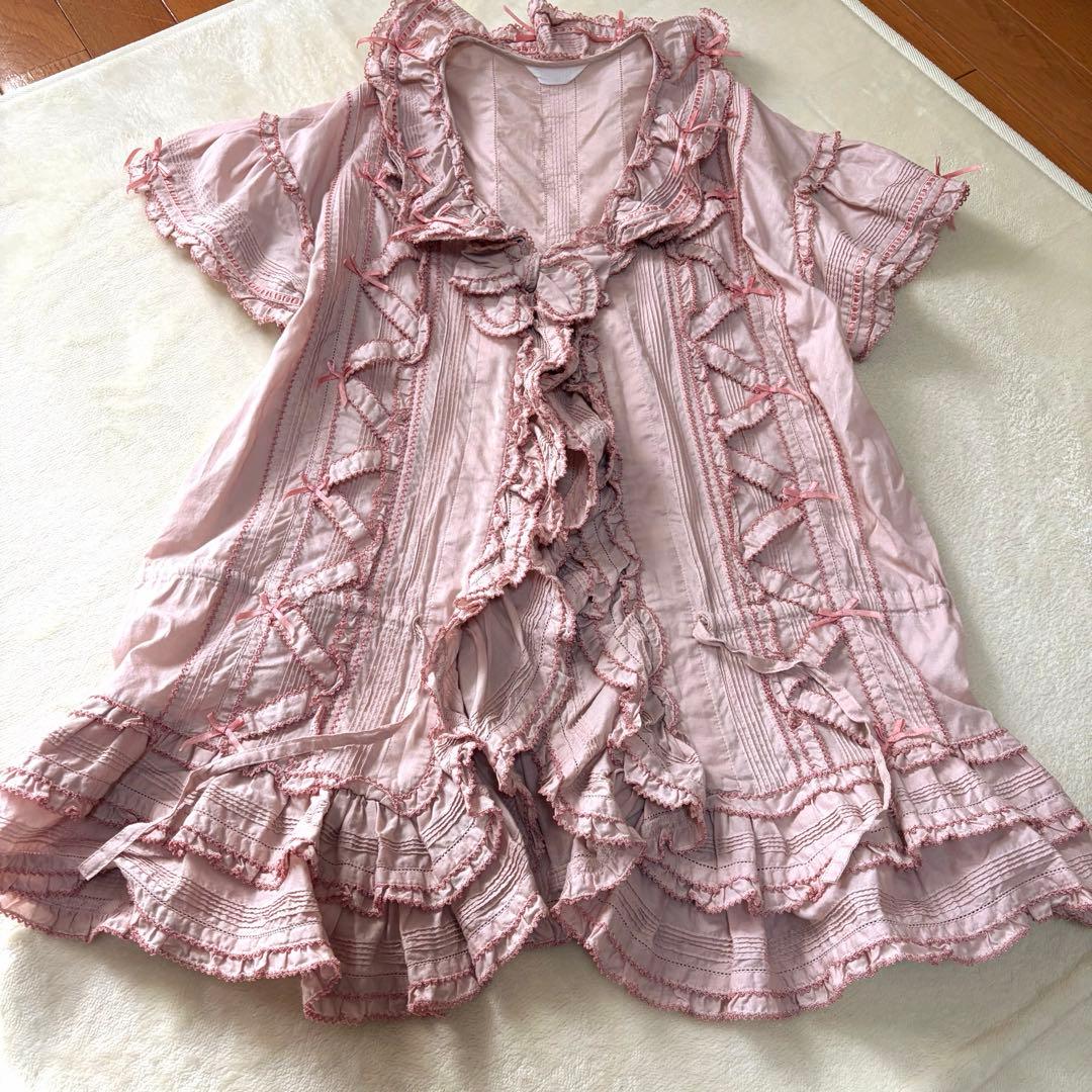 ピンクハウス　希少　日本製　ローン　オーバーブラウス　サテンリボンいっぱいP66