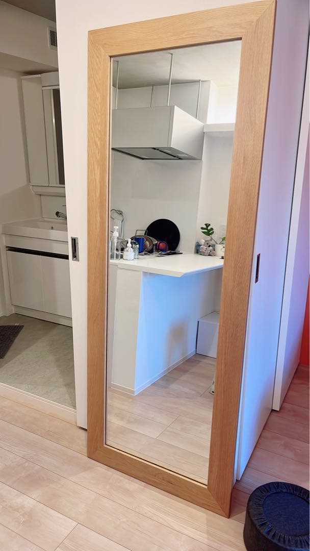 ワイドミラー　チーク　無垢　スタンドミラー　無垢材