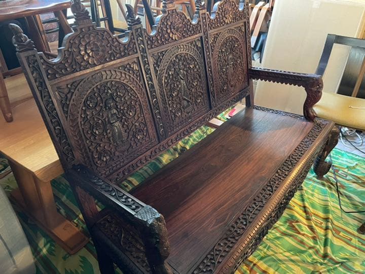 19世紀Carved Rosewood Settle Bench