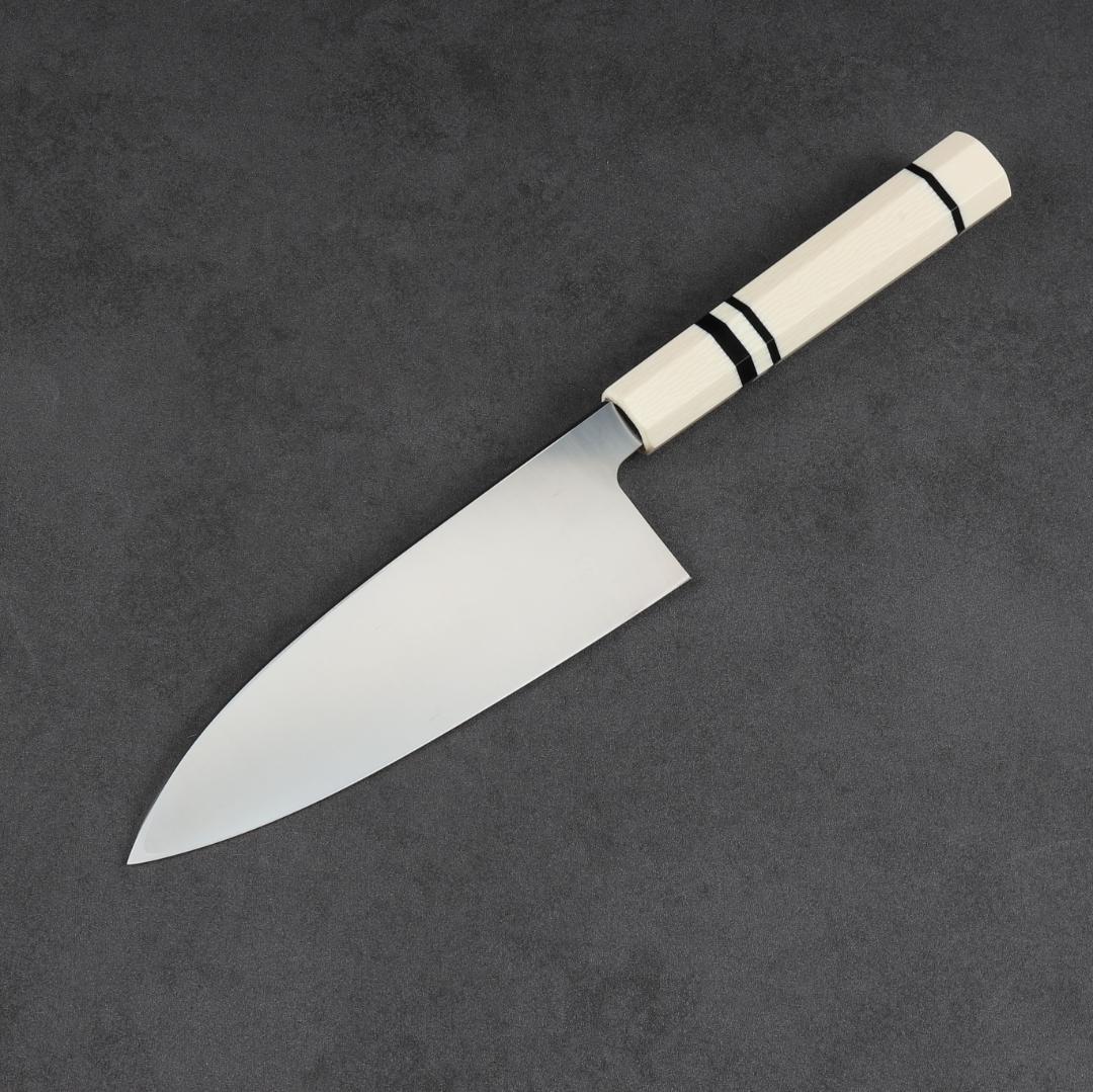 6882 出刃包丁 6寸 刃渡り180mm 刺身包丁 人工象牙黒三本巻八角柄