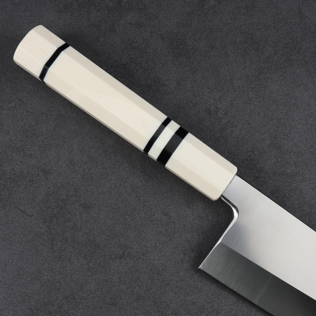 6882 出刃包丁 6寸 刃渡り180mm 刺身包丁 人工象牙黒三本巻八角柄