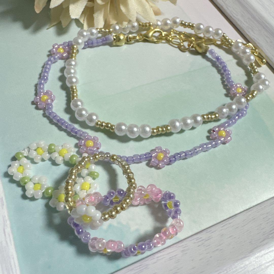 ピンクパープルセット フラワービーズアクセサリー